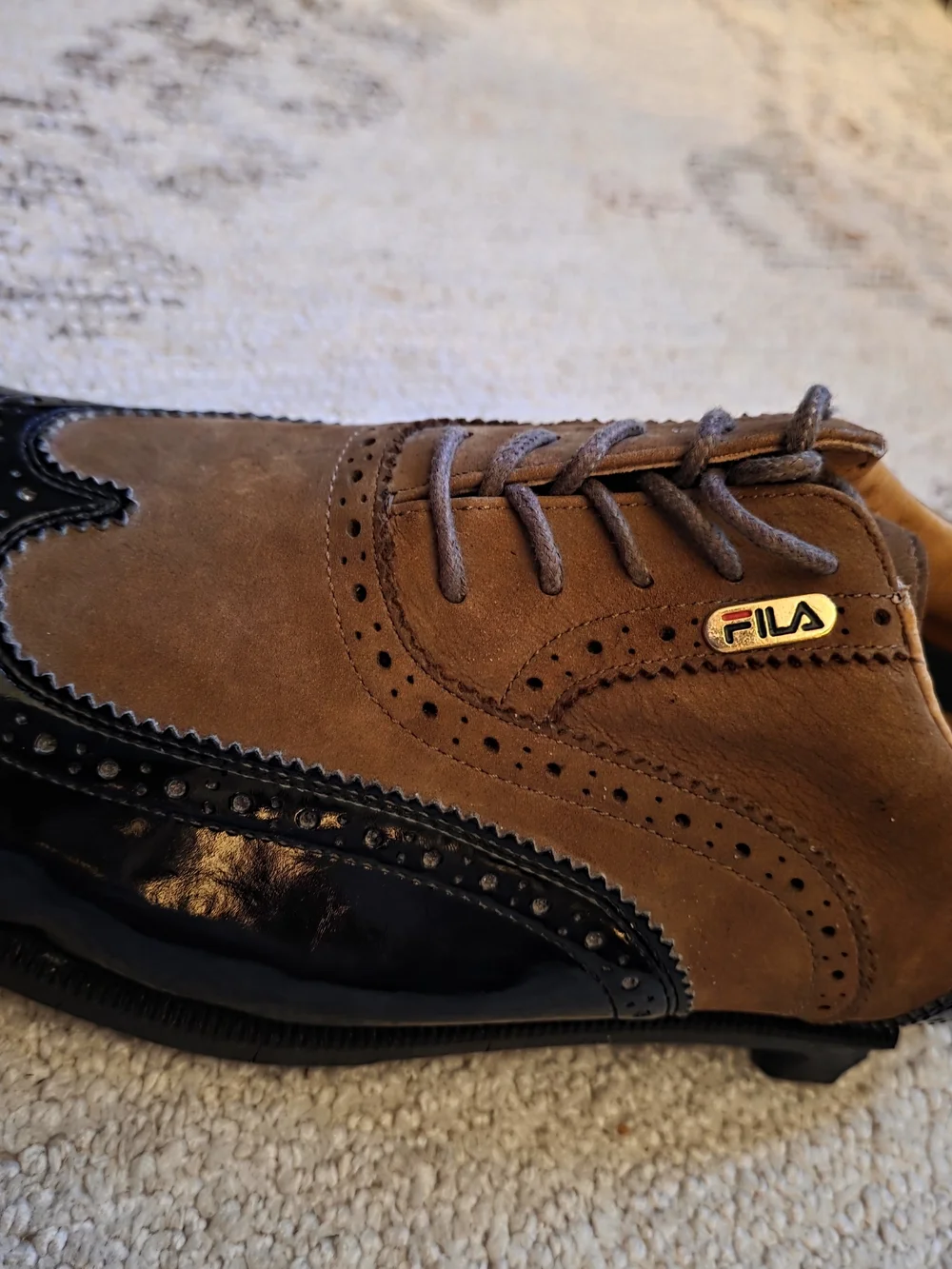 FILA Two-Tone Brown Suede and Black Patent Wingtip Oxford Golf Shoes
